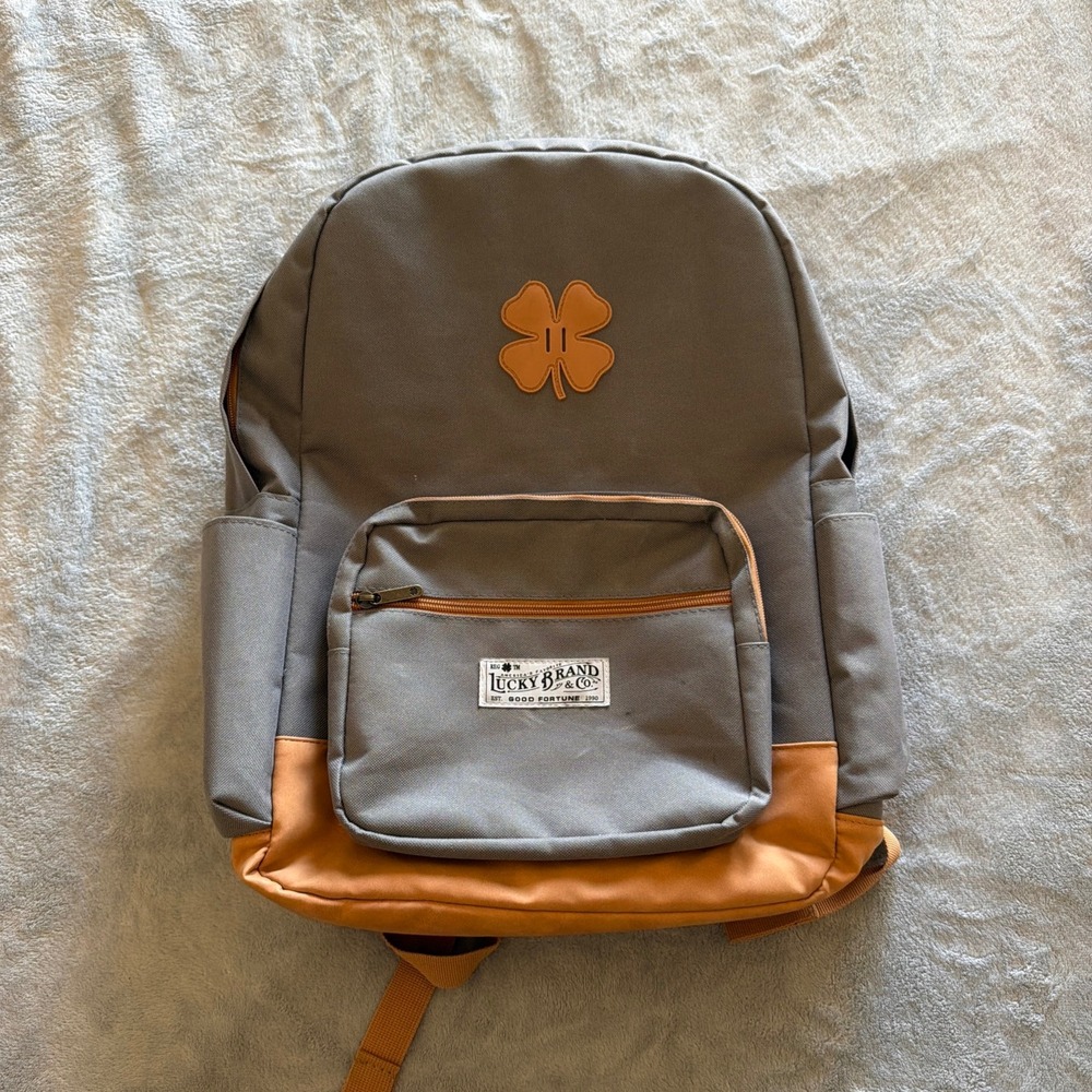 Lucky Brand Gray Tan Backpack Shamrock Logo Pocket Adjustable Straps - D0000